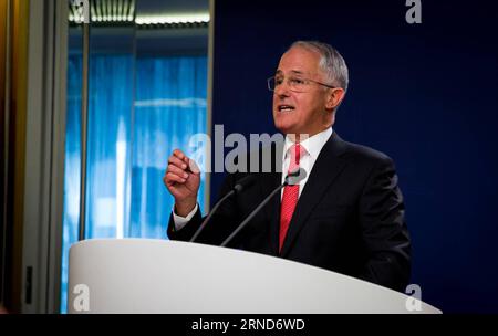 Der australische Premierminister Malcolm Turnbull spricht während einer Pressekonferenz in Sydney, Australien, am 6. Mai 2016. In einer Vertiefung der Beziehungen zwischen Australien und Singapur geht es nicht darum, Chinas Aufstieg in Asien einzudämmen, sondern die regionale wirtschaftliche Integration zu fördern, sagte der australische Premierminister Malcolm Turnbull am Freitag, als beide Seiten ihre Verteidigungs- und Wirtschaftsbeziehungen ausdehnen. ) AUSTRALIEN-SYDNEY-SINGAPUR-VERTEIDIGUNGS- UND WIRTSCHAFTSBEZIEHUNGEN MattxBurgess PUBLICATIONxNOTxINxCHN der australische Premierminister Malcolm Turnbull spricht während einer Pressekonferenz in Sydney Australien am 6. Mai 2016 eine Vertiefung der Beziehungen zwischen Australien und Singapur Stockfoto