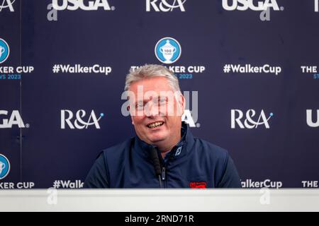 St. Andrews, Schottland. September 2023. Mannschaftskapitän Stuart Wilson während der Great Britain and Ireland Team Press Conference vor dem Walker Cup 2023. Großbritannien und Irland gehen diese Woche im 49. Walker Cup-Match gegen die Vereinigten Staaten von Amerika. Vor 100 Jahren wurde der Walker Cup erstmals in St. Andrews ausgetragen, da sich die beiden Seiten – bestehend aus zehn führenden männlichen Amateurgolfspielern – darauf vorbereiten, auf dem historischen Old Course zu kämpfen. Stockfoto