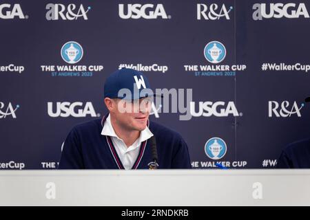 St. Andrews, Schottland. September 2023. Austin Greaser während der USA Team Press Conference vor dem Walker Cup 2023. Großbritannien und Irland gehen diese Woche im 49. Walker Cup-Match gegen die Vereinigten Staaten von Amerika. Vor 100 Jahren wurde der Walker Cup erstmals in St. Andrews ausgetragen, da sich die beiden Seiten – bestehend aus zehn führenden männlichen Amateurgolfspielern – darauf vorbereiten, auf dem historischen Old Course zu kämpfen Stockfoto