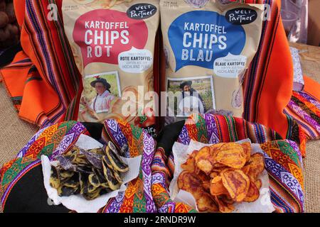 (160528) -- LIMA, 27. Mai 2016 -- Taschen mit einheimischen Chips werden während des VII. Festivals der einheimischen Kartoffel in Lima, der Hauptstadt Perus, am 27. Mai 2016 gezeigt. ) PERU-LIMA-FESTIVAL DER EINHEIMISCHEN KARTOFFEL LuisxCamacho PUBLICATIONxNOTxINxCHN 160528 Lima Mai 27 2016 Taschen mit EINHEIMISCHEN Chips werden während des VII Festivals der EINHEIMISCHEN KARTOFFEL in Lima Hauptstadt von Peru AM 27 2016. Mai gezeigt Peru Lima Festival der EINHEIMISCHEN Kartoffel LuisxCamacho PUBLICATIONxNOTxINxCHN Stockfoto