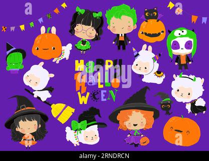 Happy Childish Kollektion mit niedlichen Halloween-Elementen und Kindern Stock Vektor