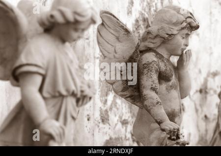 Grabstein auf dem Alten Friedhof, Figur eines geflügelten Engels, der einen Kuss bläst Stockfoto