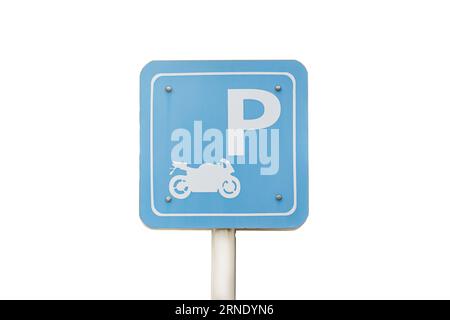 Parkschild für Motorräder, Motorräder, Mopeds und Motorroller, isoliert auf weißem Hintergrund. Stockfoto