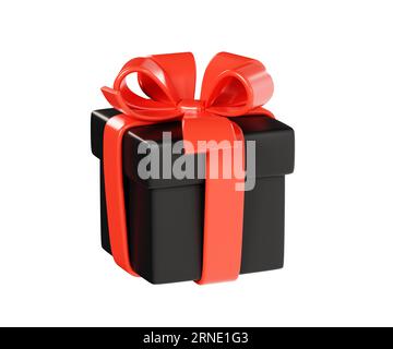 Schwarze Geschenkbox mit rotem Band und 3D-Abbildung mit Schleife Stockfoto