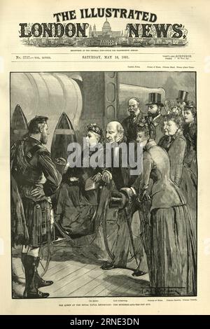 Vintage Illustration Queen Victoria reitet in einem Rollstuhl auf der Royal Naval Exhibition und zeigt die 110 Tonnen schwere Kanone, 1891, 19. Jahrhundert Stockfoto