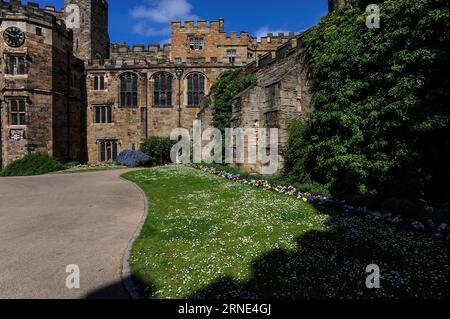 Östliches Ende des nördlichen Gebäudekomplexes von Durham Castle im Nordosten Englands, einschließlich der Tudor Tunstall Chapel (Mitte), mit der Burgmauer (rechts). Stockfoto