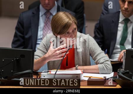 Samantha Power, ständige Vertreterin der Vereinigten Staaten bei den Vereinten Nationen, spricht am 10. Juni 2016 im Hauptquartier der Vereinten Nationen in New York über den Schutz von Zivilpersonen im Rahmen von Friedenssicherungseinsätzen. VN-NEW YORK-SICHERHEITSRAT-DEBATTE LixMuzi PUBLICATIONxNOTxINxCHN Samantha Power der ständige Vertreter der Vereinigten Staaten bei den Vereinten Nationen spricht IM Rahmen der Friedenssicherungseinsätze eine Debatte DES Sicherheitsrats ÜBER DEN Schutz von Zivilpersonen IM Rahmen der Friedenssicherungseinsätze AM Amtssitz der Vereinten Nationen in New York. 10. Juni 2016 DEB des VN-Sicherheitsrats in New York Stockfoto