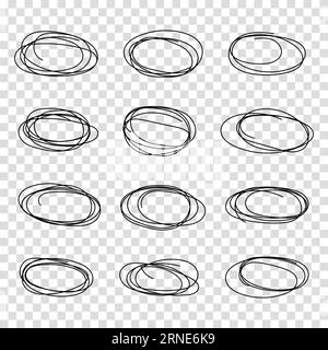 Satz von handgezeichneten schwarzen Kreisen und Ovarien. Markieren Sie Kreisrahmen. Ellipsen im Kritzelstil. Vektordarstellung isoliert auf weißem Hintergrund. Stock Vektor