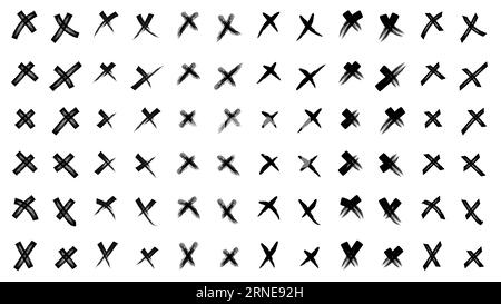 X-Black Mark-Vektorsatz-Sammlung. Symbol für Kreuzzeichen aus Pinselstrichen. Handgezeichnete Kritzeleien, gekreuzte Pinselstriche. Grunge Set X. Set schwarz Stock Vektor