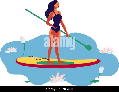 Junge Frau im Badeanzug, die auf einem SUP-Brett auf dem See unter Seerosen-Blumen-Vektor-Flachillustration-Kunst schwimmt Stock Vektor