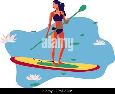 Junge Frau im Badeanzug, die auf einem SUP-Brett auf dem See unter Seerosen-Blumen-Vektor-Flachillustration-Kunst schwimmt Stock Vektor