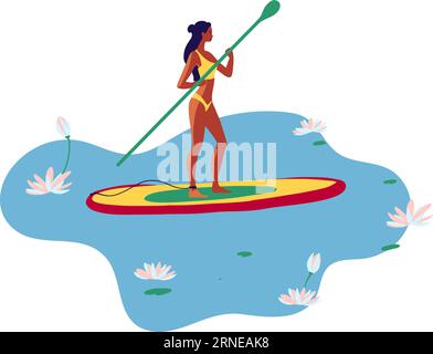 Junge Frau im Badeanzug, die auf einem SUP-Brett auf dem See unter Seerosen-Blumen-Vektor-Flachillustration-Kunst schwimmt Stock Vektor