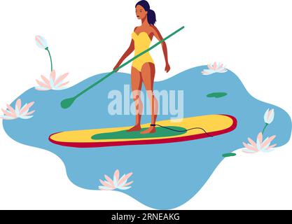 Junge Frau im Badeanzug, die auf einem SUP-Brett auf dem See unter Seerosen-Blumen-Vektor-Flachillustration-Kunst schwimmt Stock Vektor