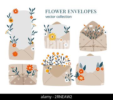 Handgezeichnete, niedliche, geblümte Umschlagabbildungen. Vector Vintage Briefset mit Blumen, Blättern und einem Platz für Ihre Textkunst Stock Vektor