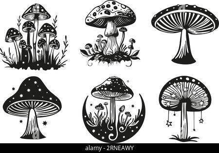 Magische Pilz- und Mondfee-Silhouette-Set. Pilze mit Sternen Himmelsvektorkunst Stock Vektor