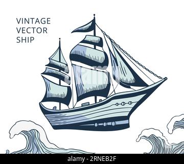 Vintage Vektor Schiff Boot Skizze Illustration. Blaues Meer Ozean handgezeichnetes Kartendesign Stock Vektor