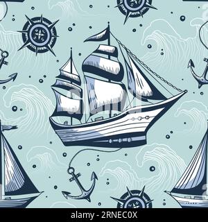 Vintage Seeschiff Ozeanblau nahtloses Vektormuster. Handgezeichnete Skizze mit Wellen und Ankerhintergrund Stock Vektor