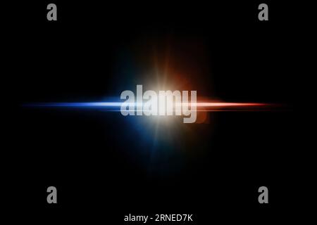 Set aus realistischem Blendlicht und Neonlicht. Sammlung von hellen Lichtreflexen. Lichteffekte des Blitzes. Rot und blau glitzernde Sterne, glühend. Stockfoto