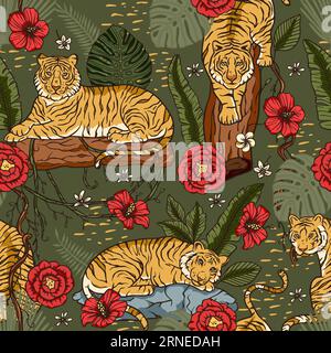 Dschungeltiger zwischen Blumen im Regenwald. Vector Tiger stellt detailreiche, nahtlose Muster aus dem Wald dar Stock Vektor
