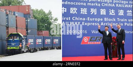 (160620) -- WARSCHAU, 20. Juni 2016 -- Combo-Foto zeigt den chinesischen Präsidenten Xi Jinping und seinen polnischen Kollegen Andrzej Duda (R), der am 20. Juni 2016 auf den ersten CHINA RAILWAY Express Güterzug zuwinkt, der am Bahnsteig in Warschau (Polen) ankommt. , Lan Hongguang) (cxy) POLEN-XI JINPING-CHINA EISENBAHN EXPRESS-GÜTERZUG ANKUNFT XiexHuanchi PUBLICATIONxNOTxINxCHN 160620 Warschau 20. Juni 2016 Combo Photo Shows Chinese President Xi Jinping and his Polish Part Andrzej Duda r winken AUF den ersten China Railway Shipping Freight Train, wie ER AUF der Plattform in Warschau Polen ankommt Stockfoto