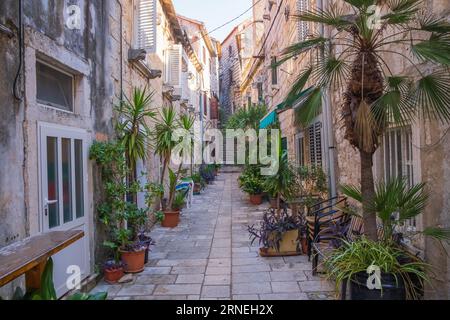 Romantische alte Straße in der historischen Stadt Orebic auf Peljsac, Dalmatien, Kroatien Stockfoto