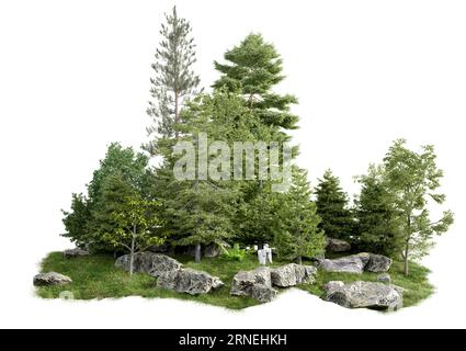 Isolierter Schnitt kleinen Wald und Baumgruppe auf Hügel auf weißem Hintergrund mit Schnittpfad Stockfoto