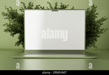 Laptop-Bildschirm in grüner Pastellfarbe, 3D-Darstellung Stockfoto