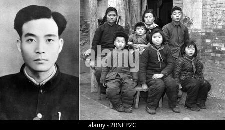 (160630) -- PEKING, 30. Juni 2016 () -- kombinierte Fotos zeigen Jiao Yulu (L) und seine Familie. Jiao war Anfang der 1960er Jahre Sekretär des Parteikomitees des Lankao County in der zentralchinesischen Provinz Henan Er widmete sich der Verbesserung des Lebens und der Produktion der Menschen vor Ort. Selbst als er schwer erkrankt war, bestand Jiao weiterhin darauf, Inspektionen in mehr als 120 Dörfer durchzuführen, um einen Entwicklungsplan für Lankao zu erstellen. Seine Taten gelten als gute Beispiele für Regierungsbeamte und Beamte in ganz China. Seit der Gründung der Volksrepublik China Stockfoto