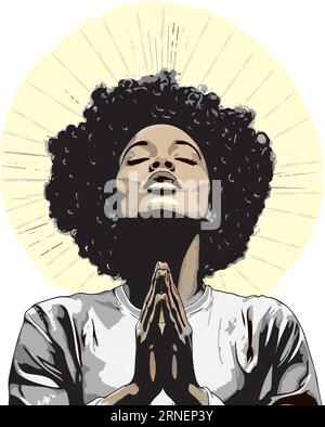 Vektorillustration einer betenden Afrikanerin, gelber Halo-Effekt, in Meditation geschlossene Augen. Exklusiv bei Alamy Stock Vektor