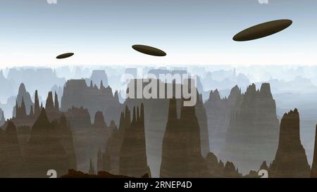 Drei Alien-Raumschiffe fliegen über Berge, Fiktion Illustration Hintergrund Stockfoto