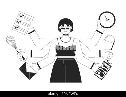 Multitasking Business Woman BW Concept Vektor Spot Illustration Stock Vektor