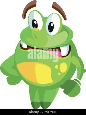 Grünes Monster mit lustigem Gesichtsausdruck. Zeichentrickfigur Stock Vektor