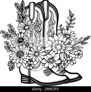 Cowboystiefel mit Blumen und Blättern. Blumendekoration. Konturvektorillustration isoliert auf weiß für Design, Grußkarten, Drucken Stock Vektor