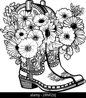 Cowboystiefel mit Blumen und Blättern. Blumendekoration. Konturvektorillustration isoliert auf weiß für Design, Grußkarten, Drucken Stock Vektor