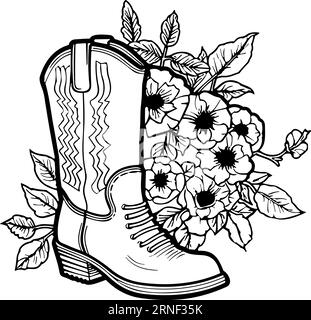 Cowboystiefel mit Blumen und Blättern. Blumendekoration. Konturvektorillustration isoliert auf weiß für Design, Grußkarten, Drucken Stock Vektor