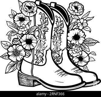 Cowboystiefel mit Blumen und Blättern. Blumendekoration. Konturvektorillustration isoliert auf weiß für Design, Grußkarten, Drucken Stock Vektor