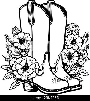 Cowboystiefel mit Blumen und Blättern. Blumendekoration. Konturvektorillustration isoliert auf weiß für Design, Grußkarten, Drucken Stock Vektor