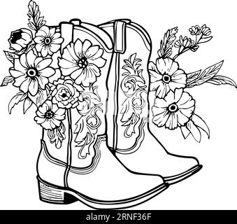 Cowboystiefel mit Blumen und Blättern. Blumendekoration. Konturvektorillustration isoliert auf weiß für Design, Grußkarten, Drucken Stock Vektor