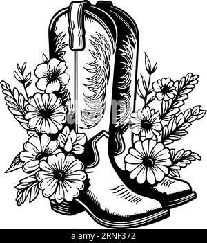Cowboystiefel mit Blumen und Blättern. Blumendekoration. Konturvektorillustration isoliert auf weiß für Design, Grußkarten, Drucken Stock Vektor