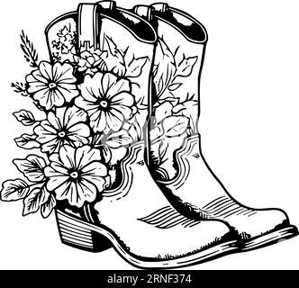 Cowboystiefel mit Blumen und Blättern. Blumendekoration. Konturvektorillustration isoliert auf weiß für Design, Grußkarten, Drucken Stock Vektor