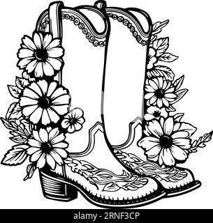 Cowboystiefel mit Blumen und Blättern. Blumendekoration. Konturvektorillustration isoliert auf weiß für Design, Grußkarten, Drucken Stock Vektor