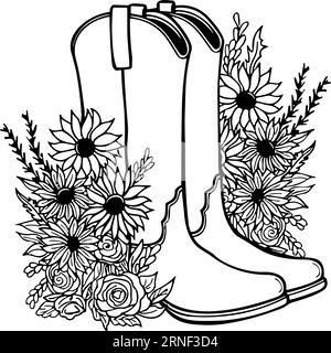 Cowboystiefel mit Blumen und Blättern. Blumendekoration. Konturvektorillustration isoliert auf weiß für Design, Grußkarten, Drucken Stock Vektor