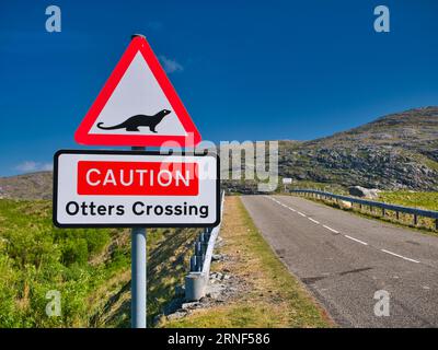 Straßenschilder, die darauf hinweisen, dass Otter die Straße überqueren können. An der Brücke zur Insel Scalpay in den Äußeren Hebriden, Schottland, Großbritannien auf a s Stockfoto