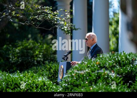 Washington, Usa. September 2023. Präsident Joe Biden spricht am Freitag, den 1. September 2023, über den August Jobs Report im Rose Garden im Weißen Haus in Washington, DC. Foto von Bonnie Cash/UPI Credit: UPI/Alamy Live News Stockfoto