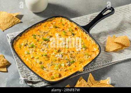Hausgemachte warme Buffalo Chicken Dip mit Käse und Chips Stockfoto