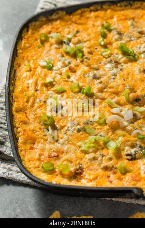 Hausgemachte warme Buffalo Chicken Dip mit Käse und Chips Stockfoto