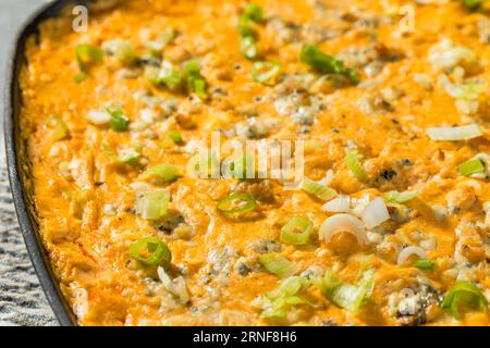 Hausgemachte warme Buffalo Chicken Dip mit Käse und Chips Stockfoto