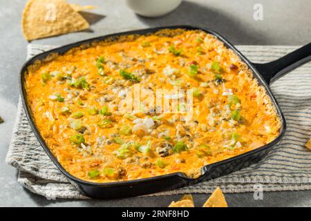 Hausgemachte warme Buffalo Chicken Dip mit Käse und Chips Stockfoto