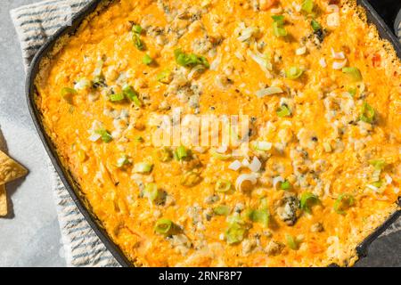 Hausgemachte warme Buffalo Chicken Dip mit Käse und Chips Stockfoto