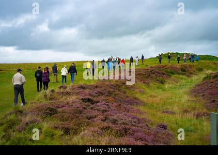 Stromness, Orkney, Schottland, Großbritannien. September 2023. Amerikanische Touristen, die Kreuzfahrtschiffe besuchen, die in Kirkwall anliegen, besuchen den Ring of Brodgar, den neolithischen Steinkreis auf Orkney. Die Einheimischen haben Bedenken geäußert, dass Kreuzfahrtschiffe zu viele Touristen auf die Inseln bringen und die derzeitige Infrastruktur nicht ausreicht. Iain Masterton/Alamy Live News Stockfoto